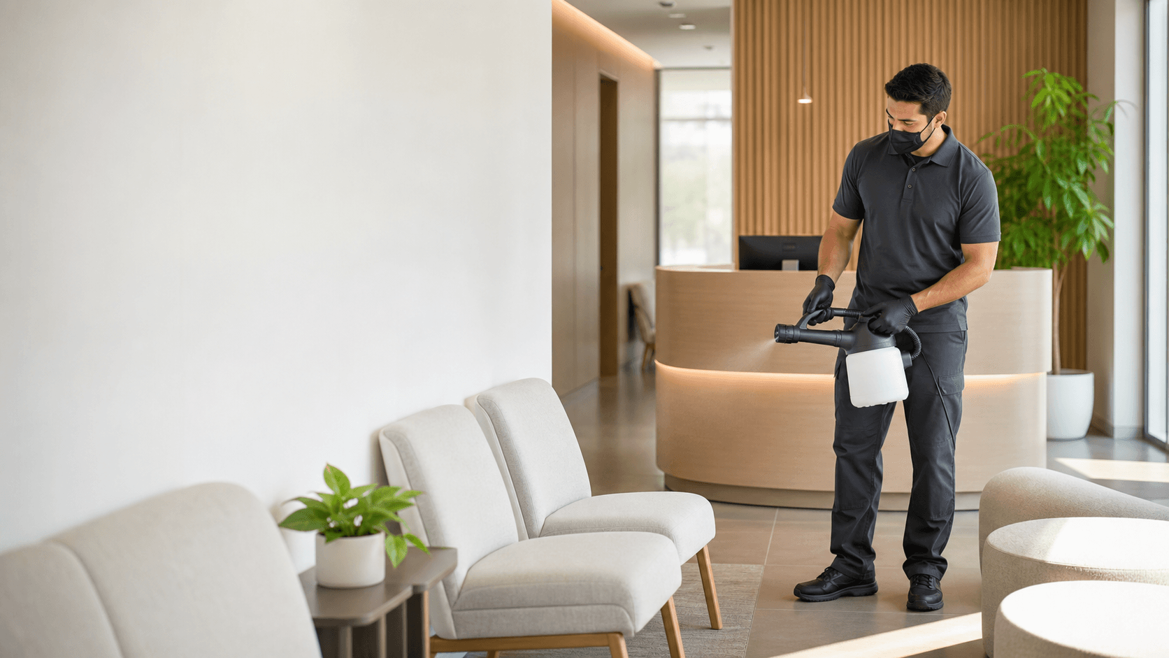 Profissional realizando sanitização em recepção comercial