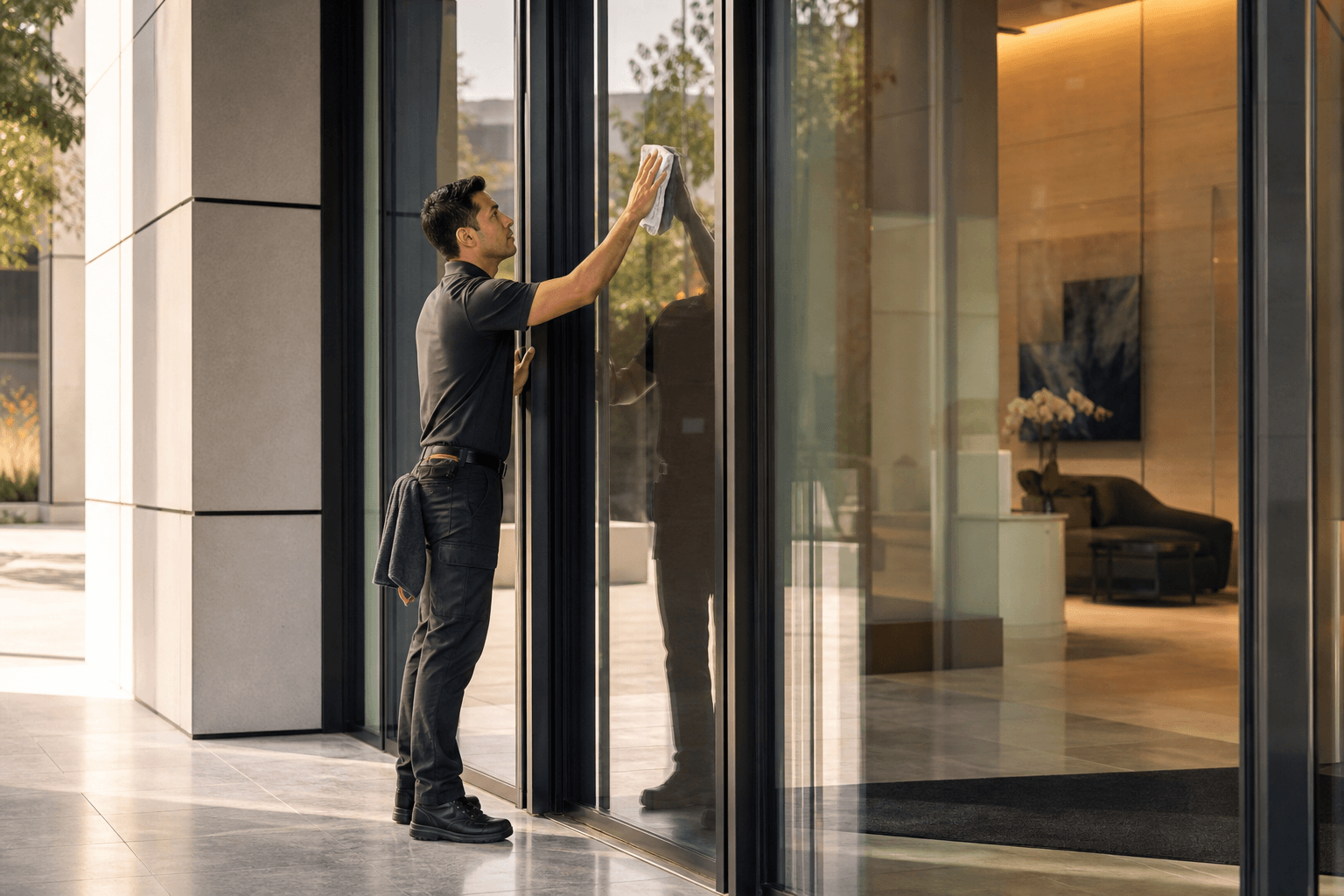 Profissional limpando entrada de edifício comercial